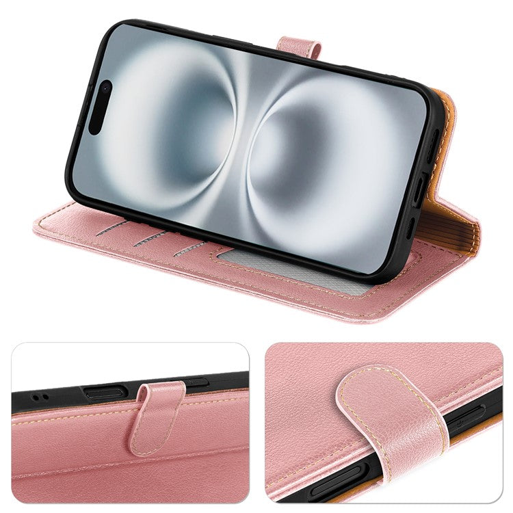 For iPhone 16 Plus Leather Case Litchi Texture Wallet RFID Blocking Phone Cover - Rose Gold
