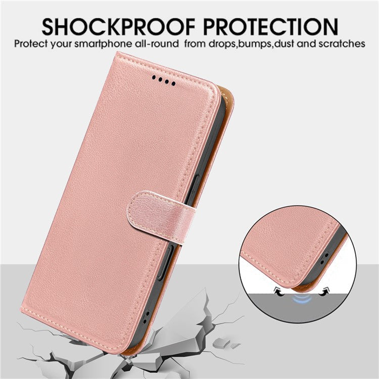 For iPhone 16 Plus Leather Case Litchi Texture Wallet RFID Blocking Phone Cover - Rose Gold