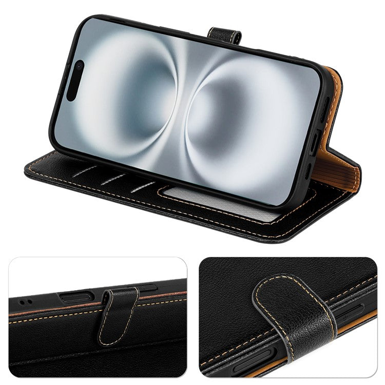 For iPhone 16 Plus Leather Case Litchi Texture Wallet RFID Blocking Phone Cover - Black