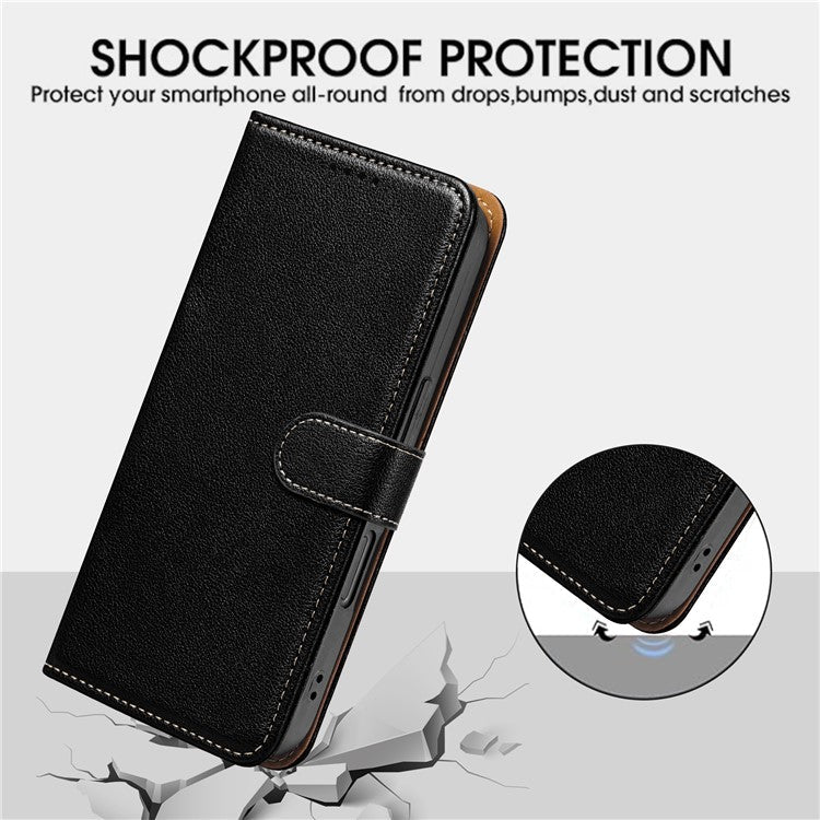 For iPhone 16 Plus Leather Case Litchi Texture Wallet RFID Blocking Phone Cover - Black