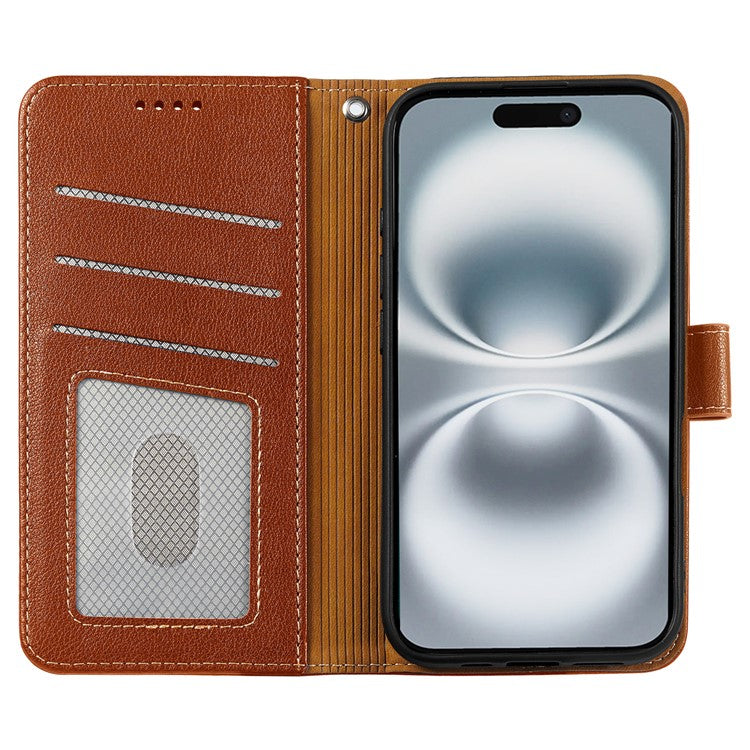 For iPhone 16 Plus Leather Case Litchi Texture Wallet RFID Blocking Phone Cover - Brown