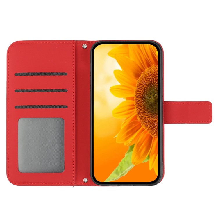 For Motorola Moto G05 4G Case Sunflower Imprint PU Leather Phone Cover with Long Strap - Red