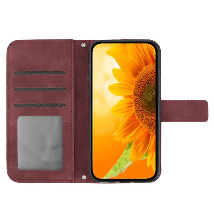 For Motorola Moto G05 4G Case Sunflower Imprint PU Leather Phone Cover with Long Strap - Wine Red