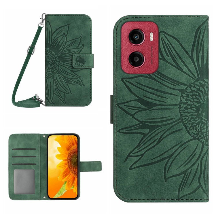 For Motorola Moto G05 4G Case Sunflower Imprint PU Leather Phone Cover with Long Strap - Blackish Green