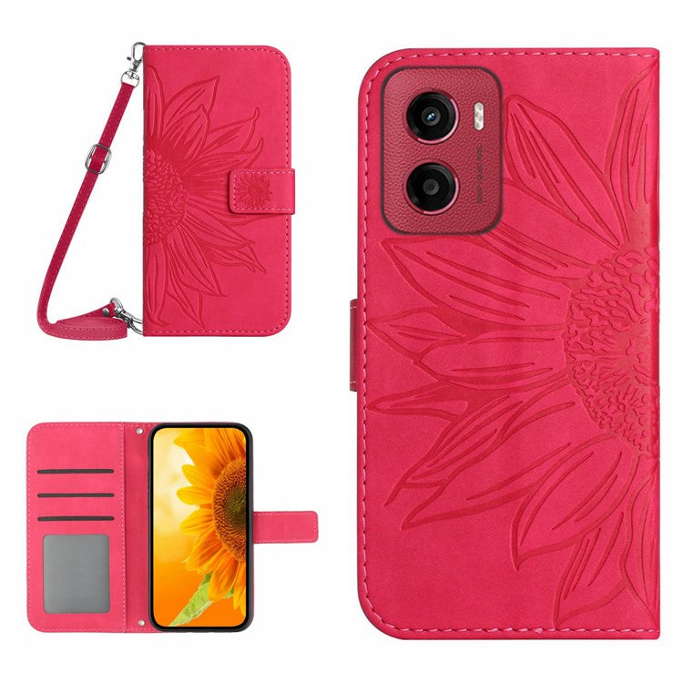 For Motorola Moto G05 4G Case Sunflower Imprint PU Leather Phone Cover with Long Strap - Rose