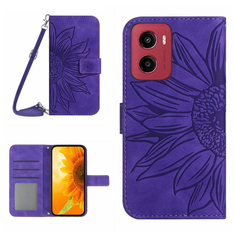 For Motorola Moto G05 4G Case Sunflower Imprint PU Leather Phone Cover with Long Strap - Dark Purple