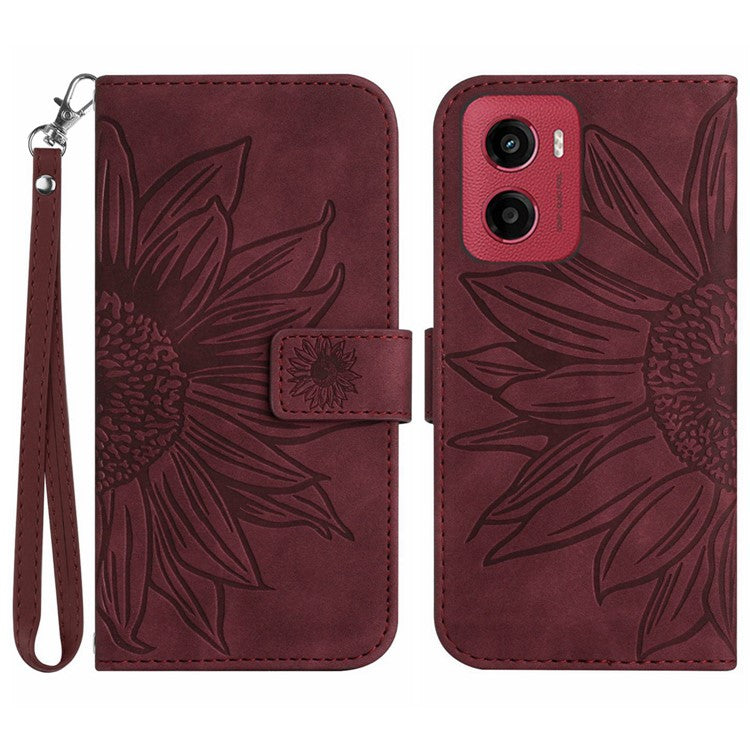 For Motorola Moto G05 4G Case Sunflower Imprint Leather Wallet Phone Cover with Wrist Strap - Wine Red