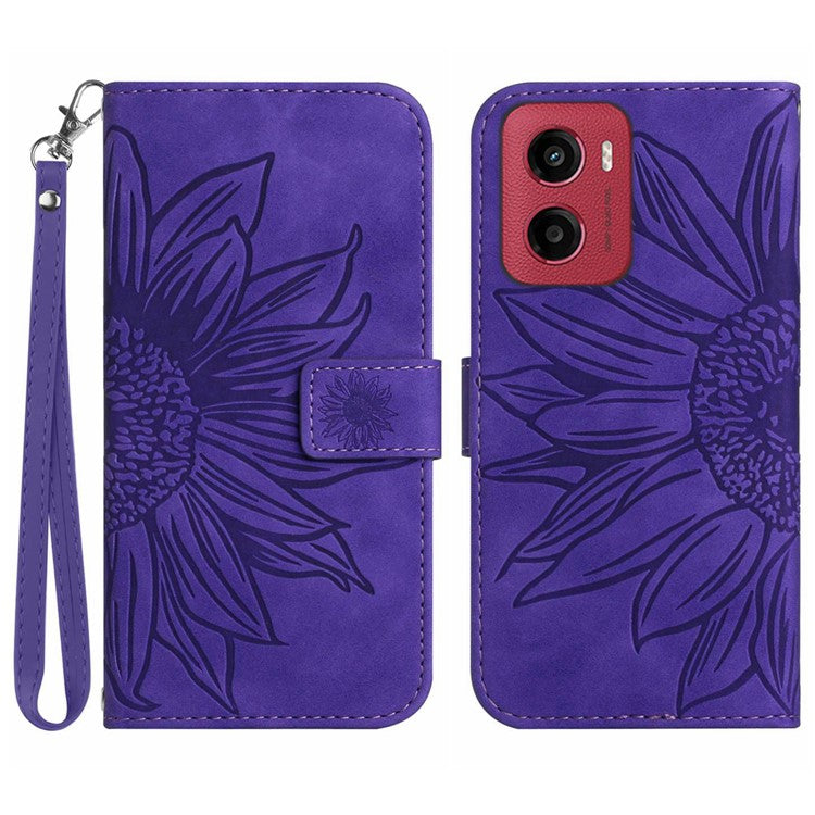 For Motorola Moto G05 4G Case Sunflower Imprint Leather Wallet Phone Cover with Wrist Strap - Dark Purple