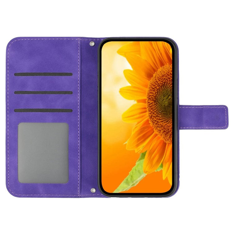 For Motorola Moto G05 4G Case Sunflower Imprint Leather Wallet Phone Cover with Wrist Strap - Dark Purple