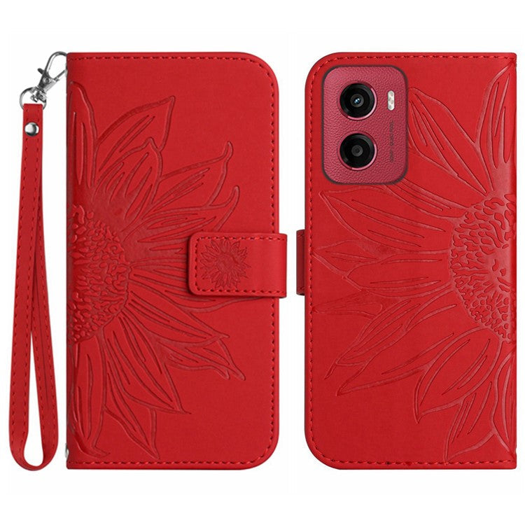 For Motorola Moto G05 4G Case Sunflower Imprint Leather Wallet Phone Cover with Wrist Strap - Red