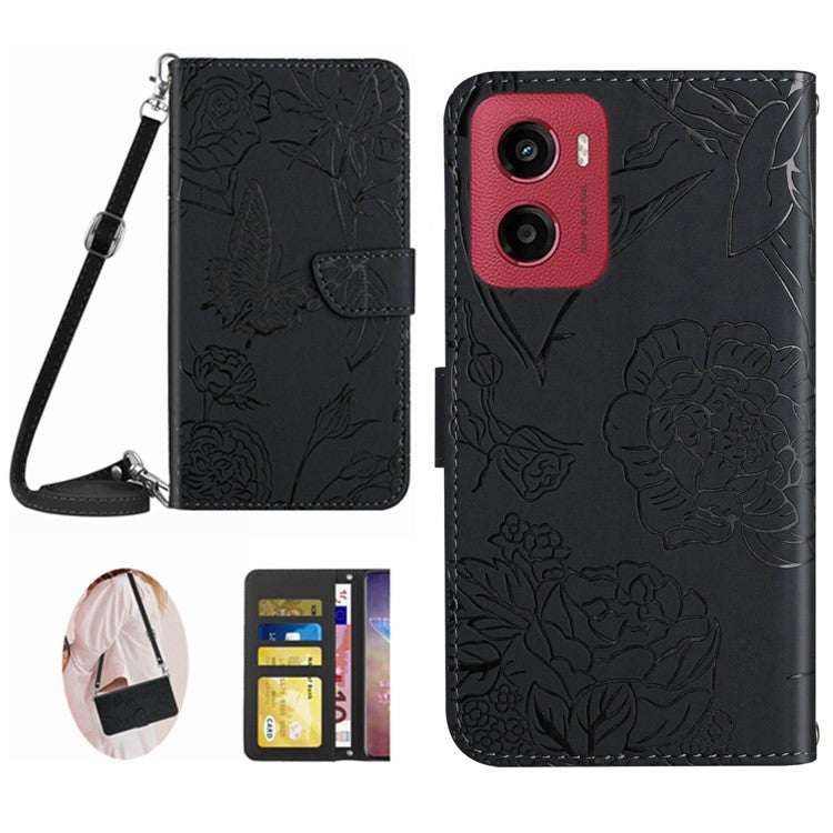 For Motorola Moto G05 4G Case Butterfly Flower Imprint Leather Phone Cover with Shoulder Strap - Black