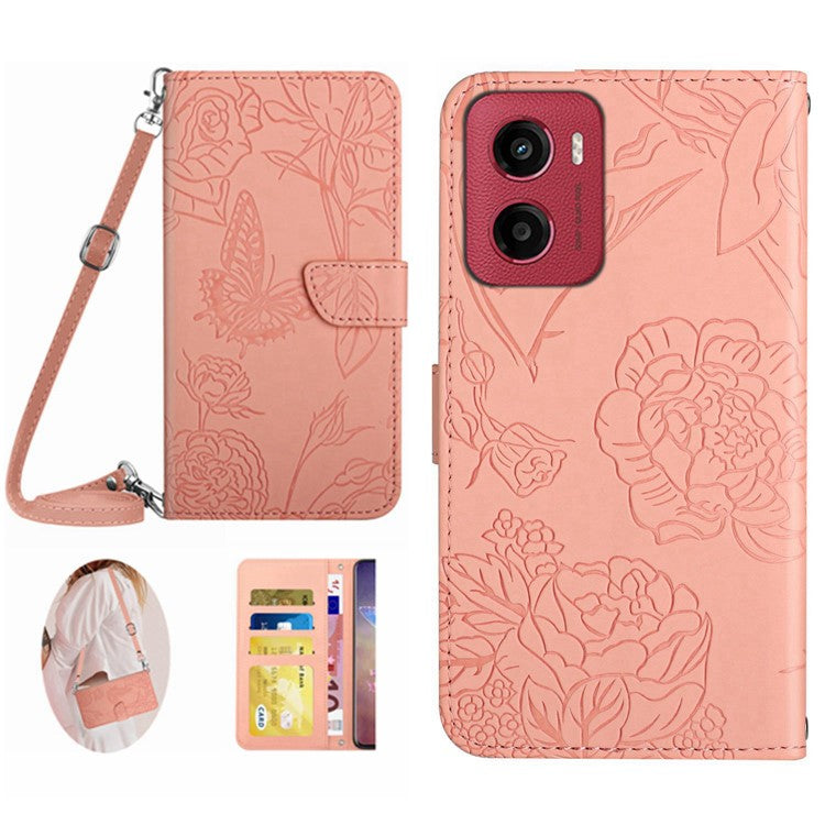 For Motorola Moto G05 4G Case Butterfly Flower Imprint Leather Phone Cover with Shoulder Strap - Pink