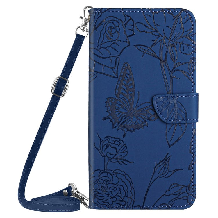 For Motorola Moto G05 4G Case Butterfly Flower Imprint Leather Phone Cover with Shoulder Strap - Blue