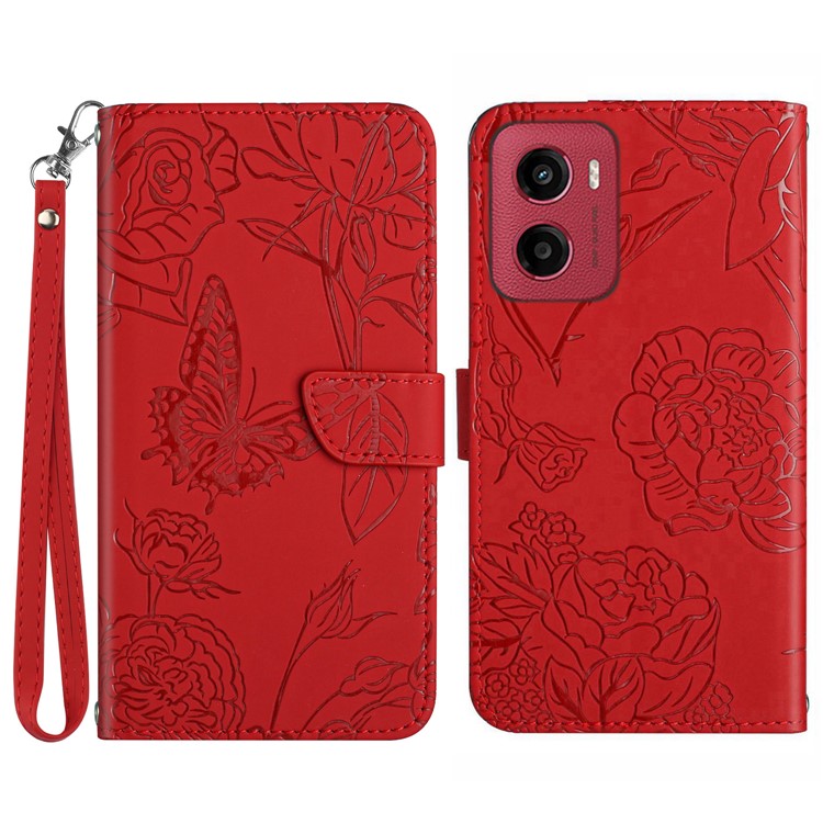 For Motorola Moto G05 4G Case Leather Phone Cover with Strap, Butterfly Flower Imprint - Red