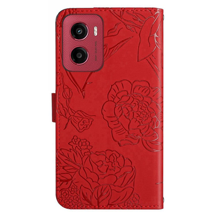 For Motorola Moto G05 4G Case Leather Phone Cover with Strap, Butterfly Flower Imprint - Red