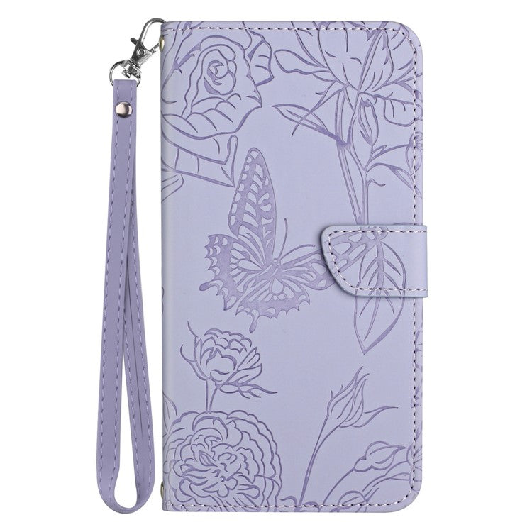 For Motorola Moto G05 4G Case Leather Phone Cover with Strap, Butterfly Flower Imprint - Purple