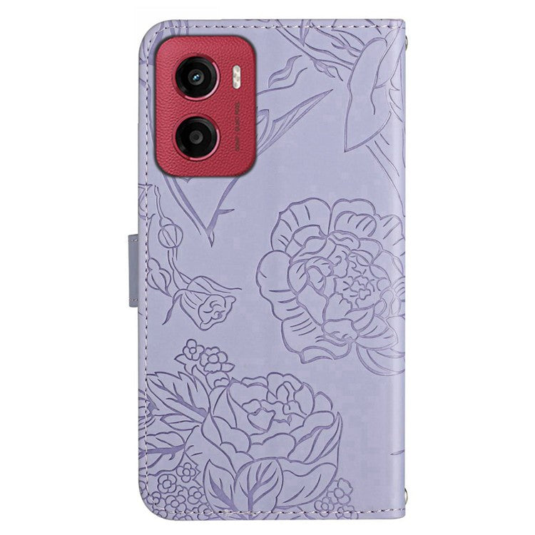 For Motorola Moto G05 4G Case Leather Phone Cover with Strap, Butterfly Flower Imprint - Purple