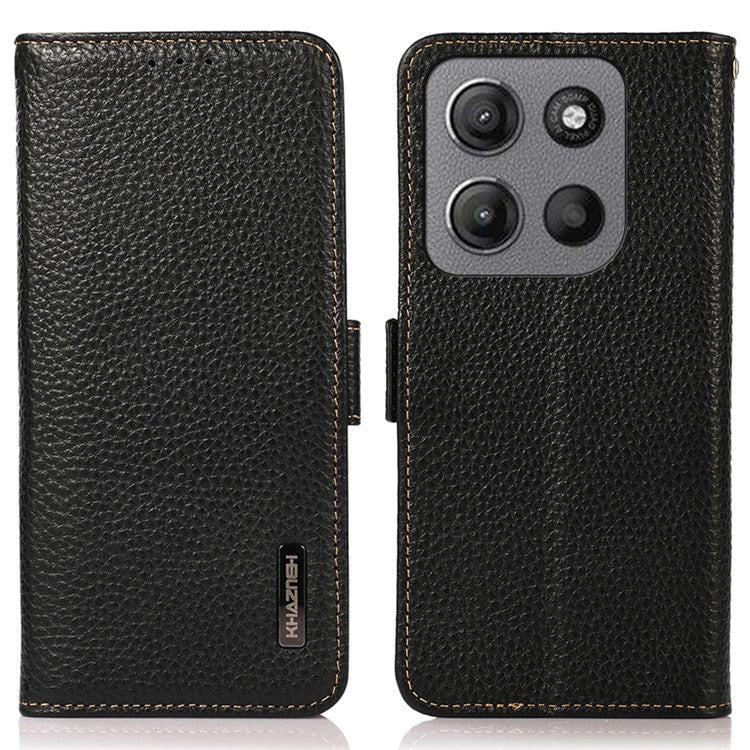 KHAZNEH For Motorola Moto G15 4G  /  G05 4G Phone Case Genuine Cow Leather Cover RFID Blocking - Black