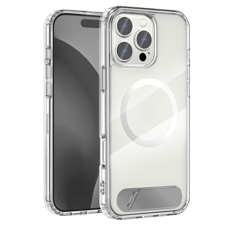 For iPhone 16 Pro Case Compatible with MagSafe Folding Kickstand Anti Drop PC + TPU Back Cover - Silver