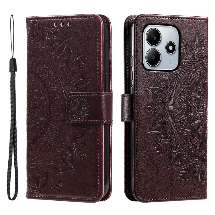 For Xiaomi Redmi Note 14 5G Case Imprinted Totem PU Leather Wallet Stand Phone Cover - Brown