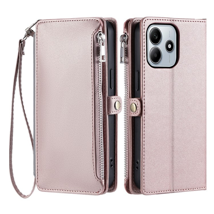 015 Style For Xiaomi Redmi Note 14 5G Case TPU+PU Leather Wallet Phone Cover with Straps - Rose Gold