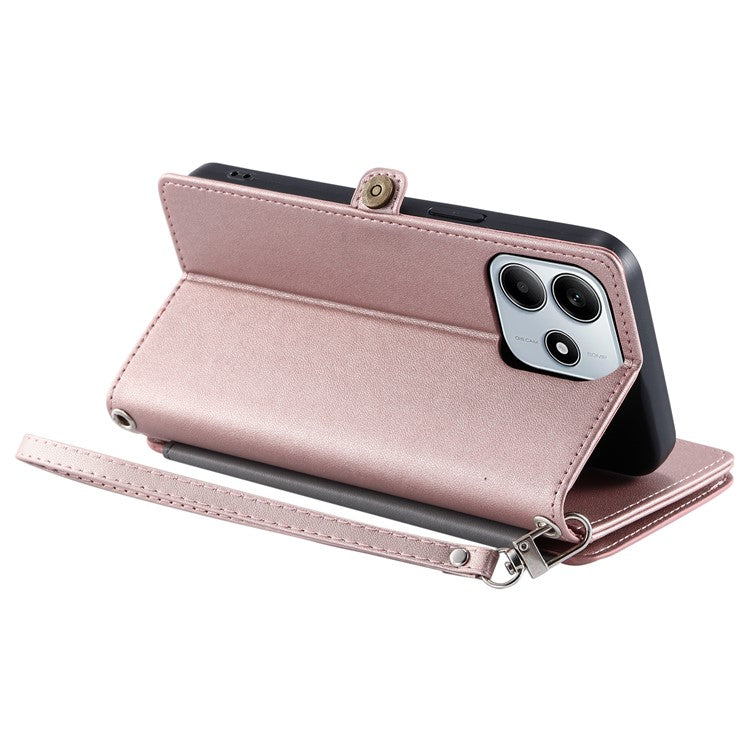 015 Style For Xiaomi Redmi Note 14 5G Case TPU+PU Leather Wallet Phone Cover with Straps - Rose Gold