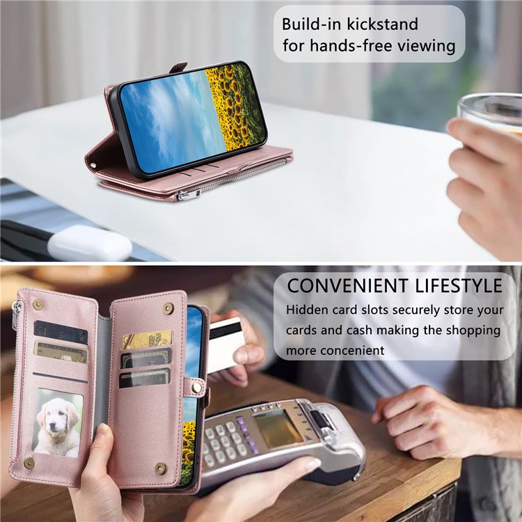 015 Style For Xiaomi Redmi Note 14 5G Case TPU+PU Leather Wallet Phone Cover with Straps - Rose Gold