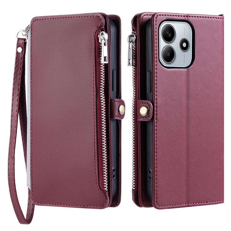 015 Style For Xiaomi Redmi Note 14 5G Case TPU+PU Leather Wallet Phone Cover with Straps - Wine Red