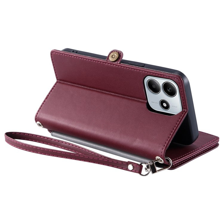015 Style For Xiaomi Redmi Note 14 5G Case TPU+PU Leather Wallet Phone Cover with Straps - Wine Red