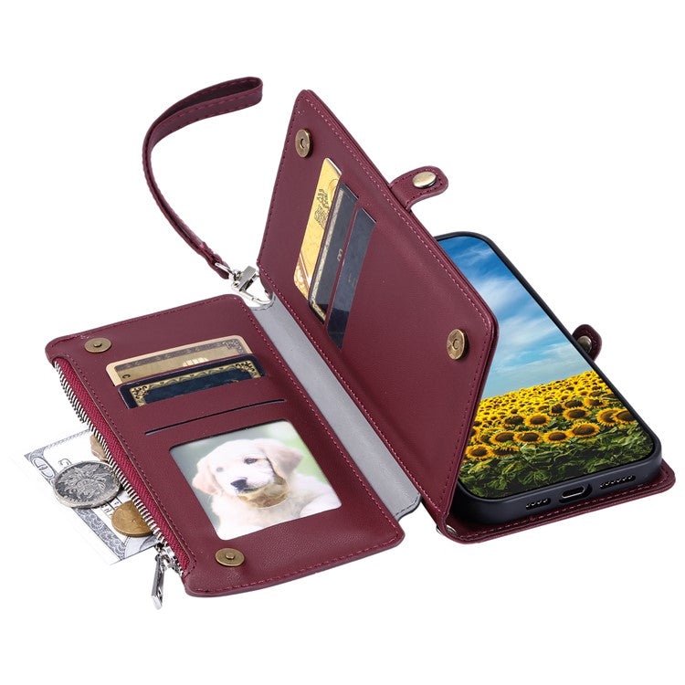 015 Style For Xiaomi Redmi Note 14 5G Case TPU+PU Leather Wallet Phone Cover with Straps - Wine Red