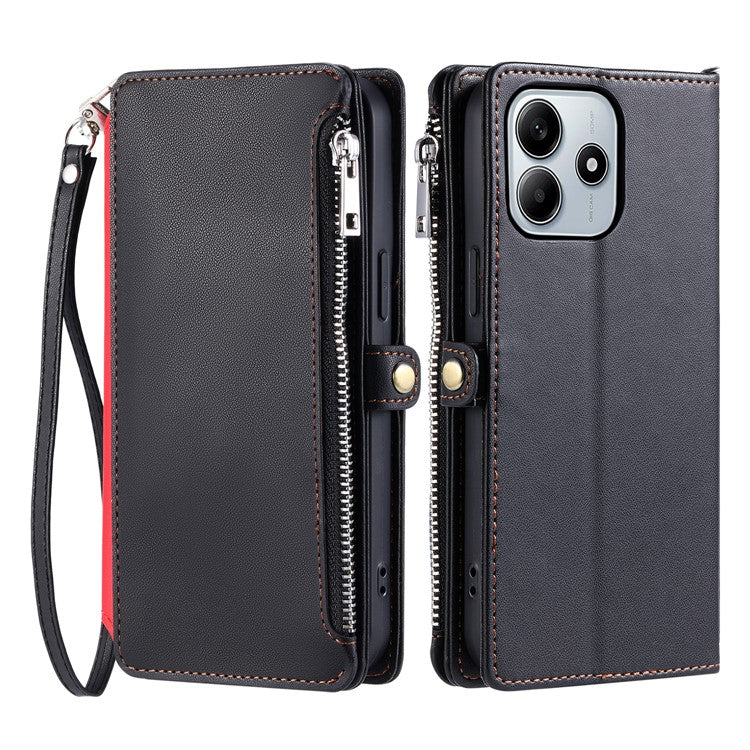 015 Style For Xiaomi Redmi Note 14 5G Case TPU+PU Leather Wallet Phone Cover with Straps - Black