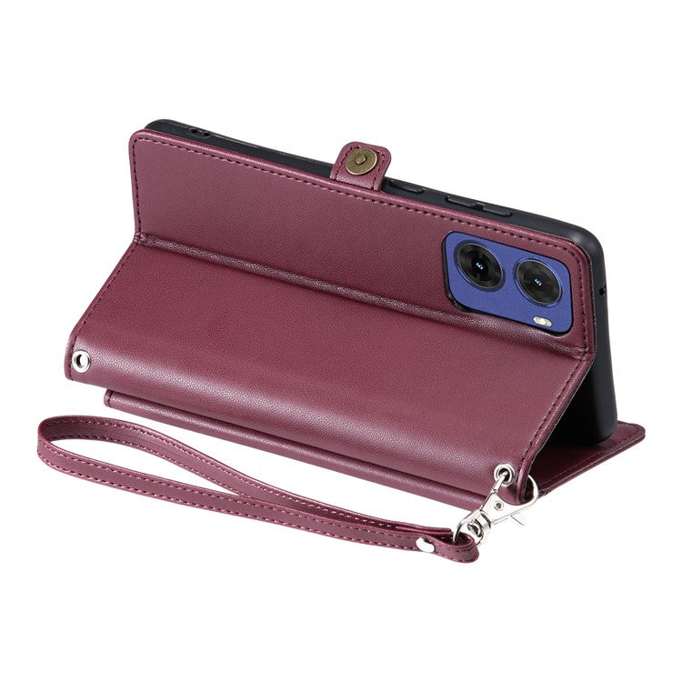 For Motorola Moto G05 4G Leather Case Wallet Stand Phone Cover with Straps - Wine Red