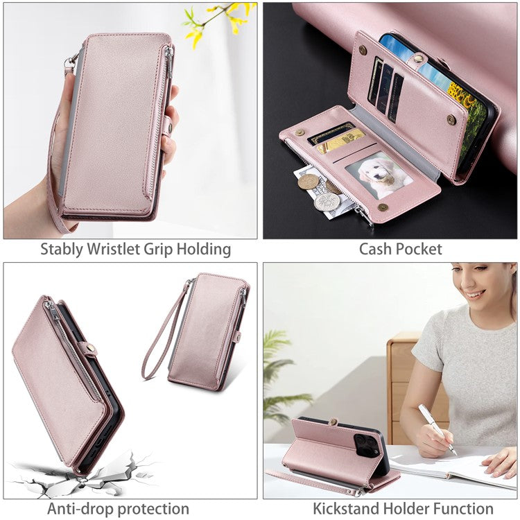 015 Style For Motorola Moto G05 4G Case TPU+PU Leather Wallet Phone Cover with Straps - Rose Gold