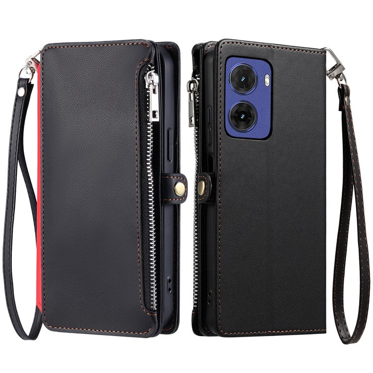 015 Style For Motorola Moto G05 4G Case TPU+PU Leather Wallet Phone Cover with Straps - Black