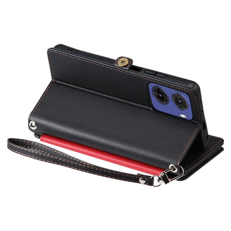 015 Style For Motorola Moto G05 4G Case TPU+PU Leather Wallet Phone Cover with Straps - Black