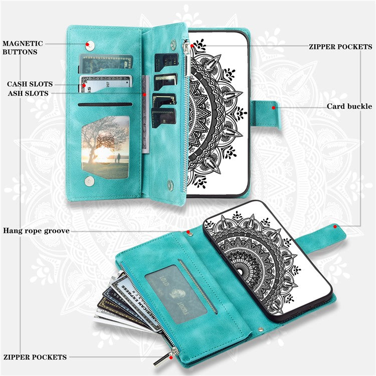 Style 006 For Motorola Moto G05 4G Wallet Case PU Leather Phone Cover Mandala Flower Pattern - Mint Green