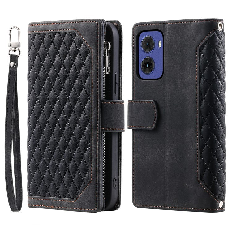 Style 005 For Motorola Moto G05 4G Wallet Case Rhombus Stitching Line PU Leather Phone Cover - Black