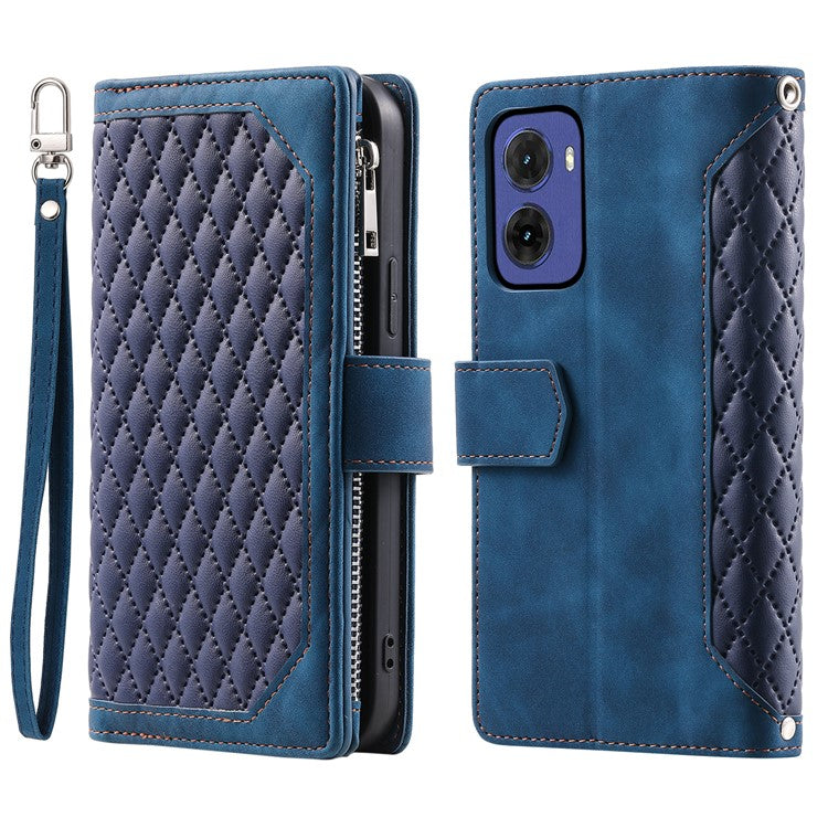 Style 005 For Motorola Moto G05 4G Wallet Case Rhombus Stitching Line PU Leather Phone Cover - Blue