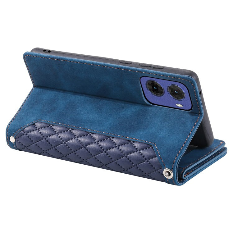 Style 005 For Motorola Moto G05 4G Wallet Case Rhombus Stitching Line PU Leather Phone Cover - Blue