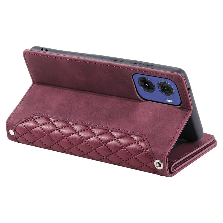 Style 005 For Motorola Moto G05 4G Wallet Case Rhombus Stitching Line PU Leather Phone Cover - Wine Red