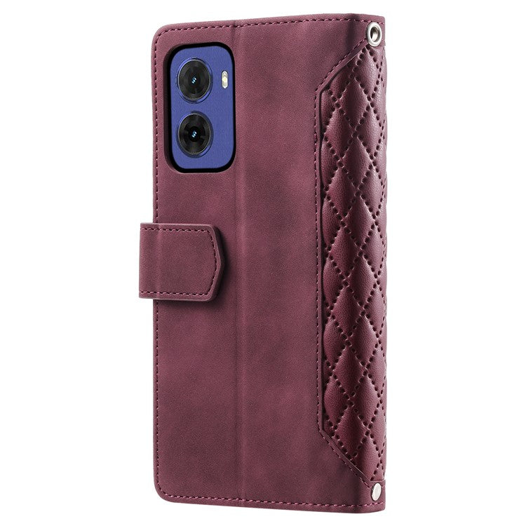 Style 005 For Motorola Moto G05 4G Wallet Case Rhombus Stitching Line PU Leather Phone Cover - Wine Red