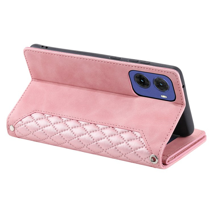 Style 005 For Motorola Moto G05 4G Wallet Case Rhombus Stitching Line PU Leather Phone Cover - Rose Gold