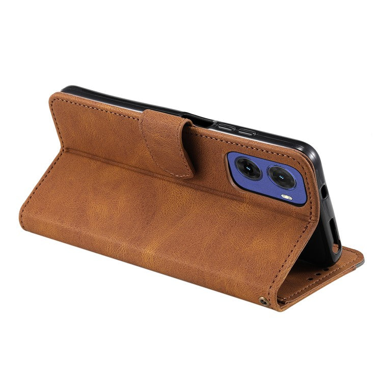 For Motorola Moto G05 4G Leather Case Splicing Stitching Wallet Stand Phone Cover with Strap - Brown