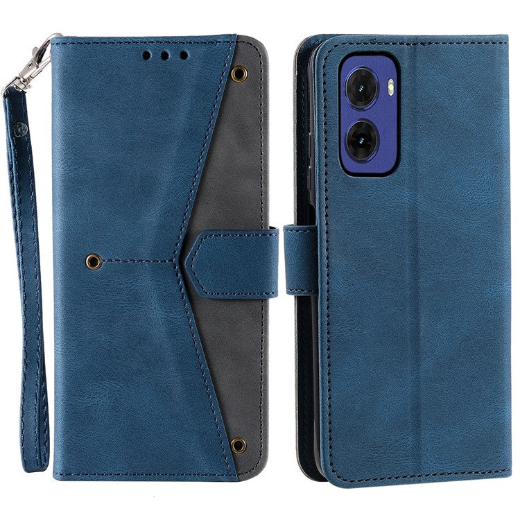 For Motorola Moto G05 4G Leather Case Splicing Stitching Wallet Stand Phone Cover with Strap - Blue