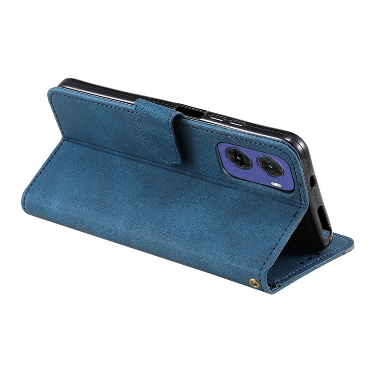 For Motorola Moto G05 4G Leather Case Splicing Stitching Wallet Stand Phone Cover with Strap - Blue