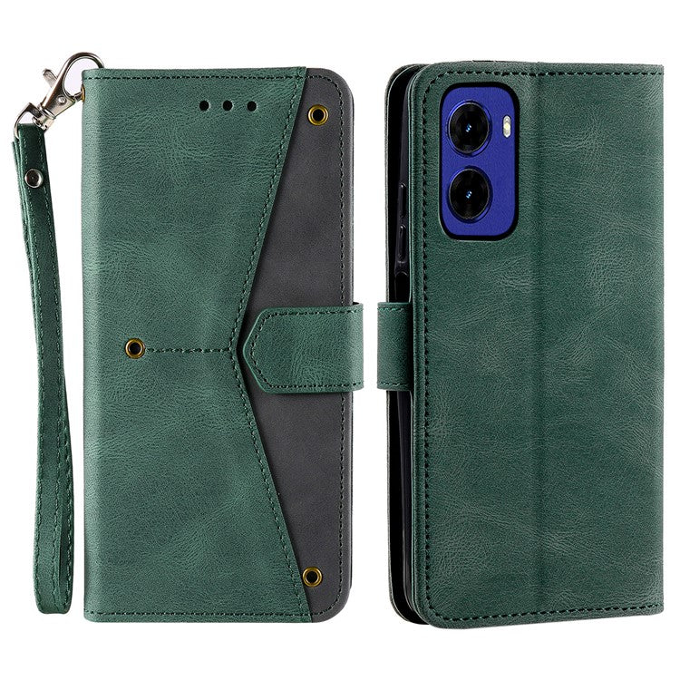 For Motorola Moto G05 4G Leather Case Splicing Stitching Wallet Stand Phone Cover with Strap - Green