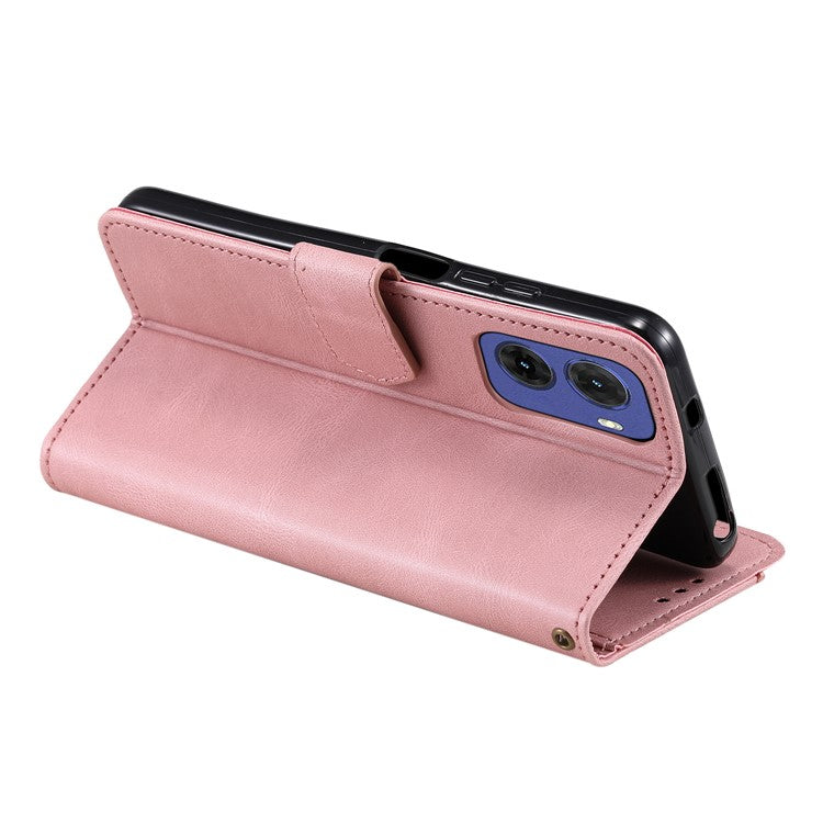 For Motorola Moto G05 4G Leather Case Splicing Stitching Wallet Stand Phone Cover with Strap - Rose Gold