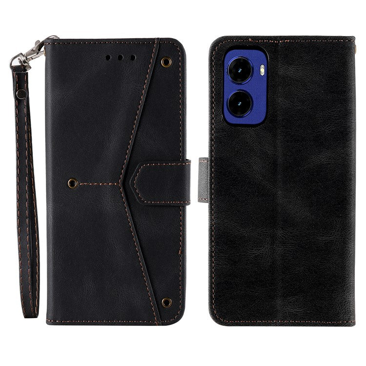 For Motorola Moto G05 4G Leather Case Splicing Stitching Wallet Stand Phone Cover with Strap - Black