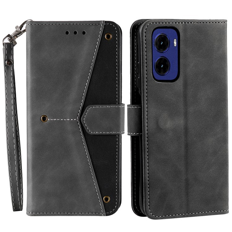 For Motorola Moto G05 4G Leather Case Splicing Stitching Wallet Stand Phone Cover with Strap - Grey
