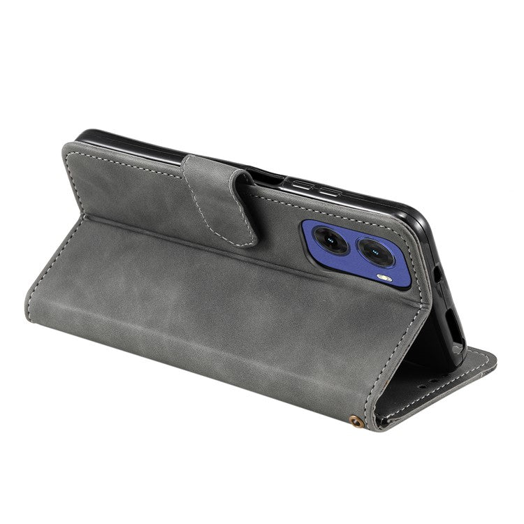 For Motorola Moto G05 4G Leather Case Splicing Stitching Wallet Stand Phone Cover with Strap - Grey